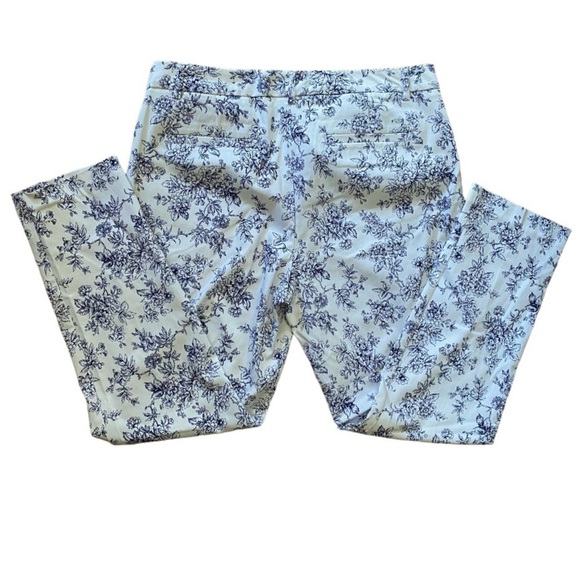Mario Serrani Stretch White Navy Blue Floral Print Ankle Cropped Trousers Pants - Picture 2 of 6